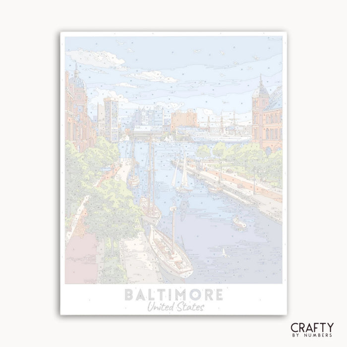 Framed artwork of Baltimore with a river and cityscape.