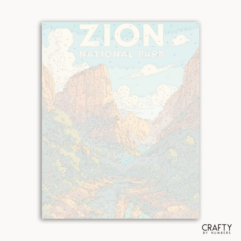 Poster of Zion National Park with mountains and pastel colors, featuring the brand 'Crafty by Numbers'.