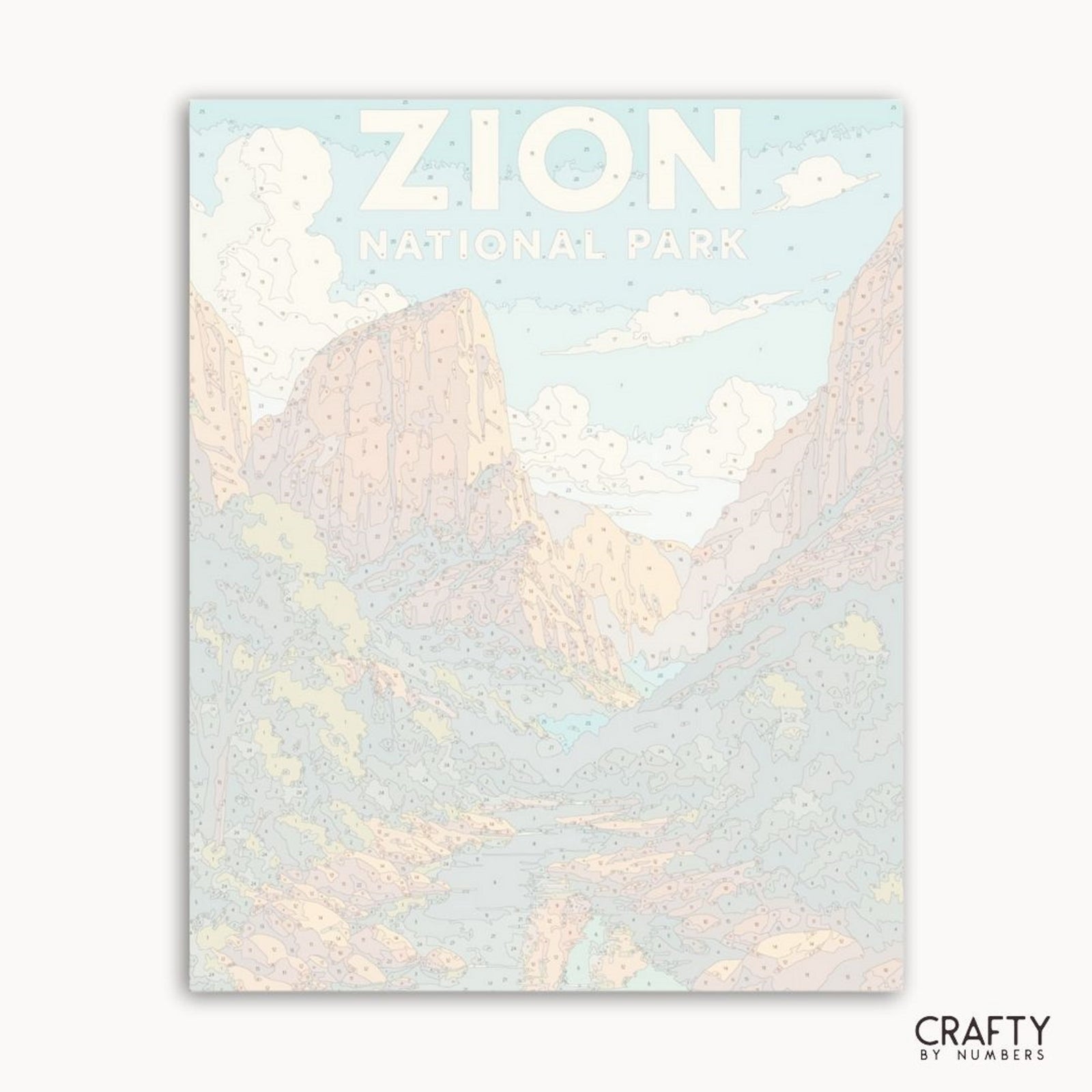 Affiche du parc national de Zion avec des montagnes et des couleurs pastel, mettant en vedette la marque « Crafty by Numbers ».