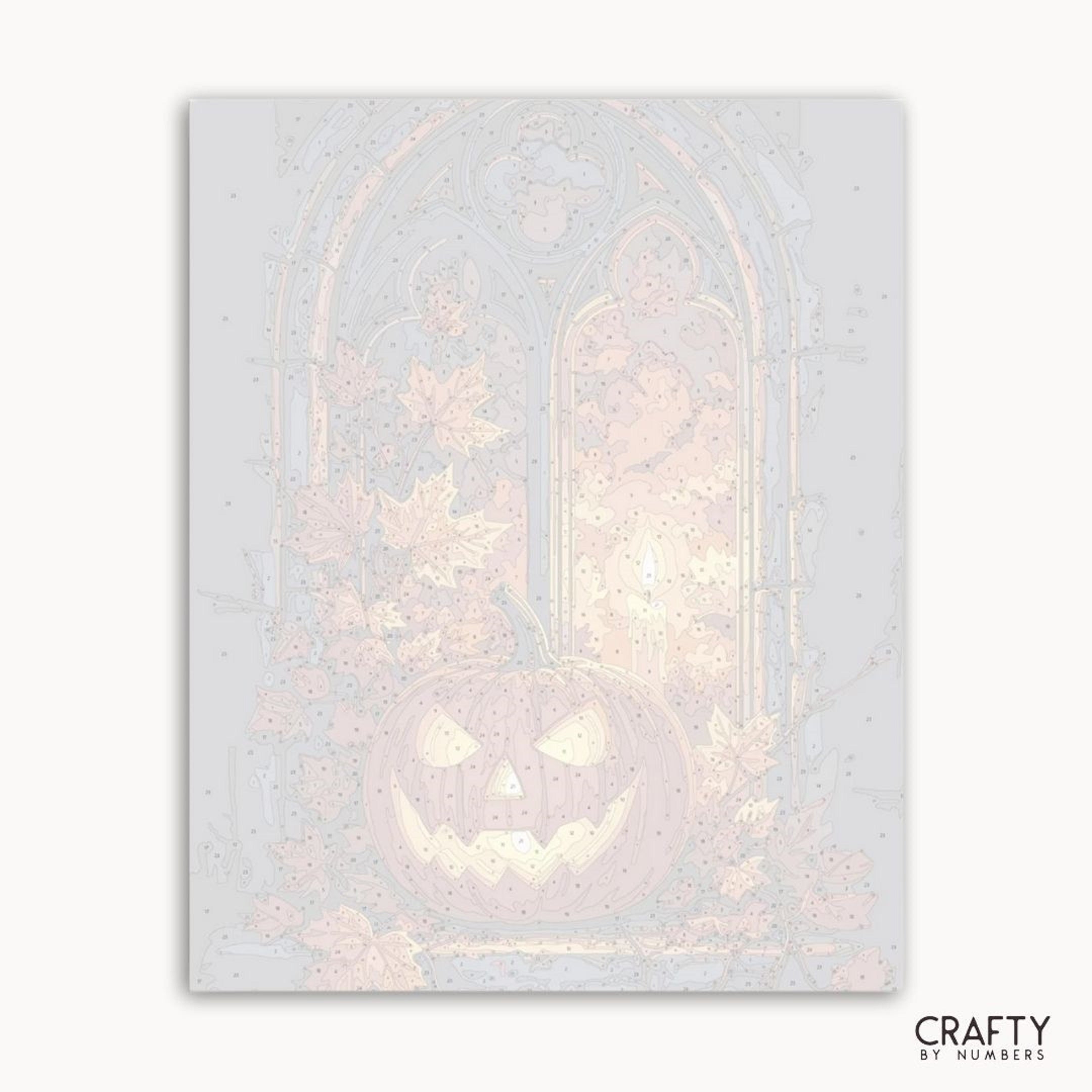Holographic pumpkin design on a white card with 'Crafty by Numbers' branding.