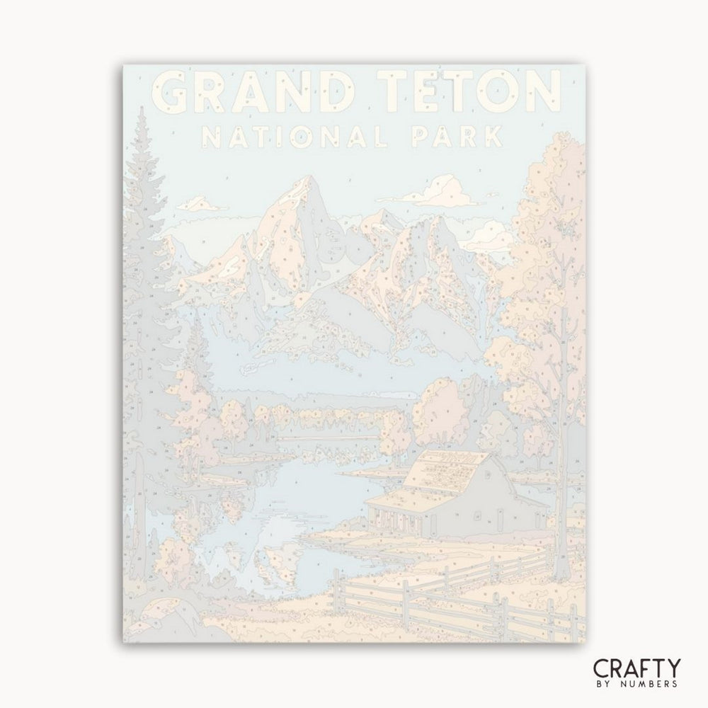 Nature-inspired paint by numbers kit featuring Grand Teton peaks and serene park views for crafting.