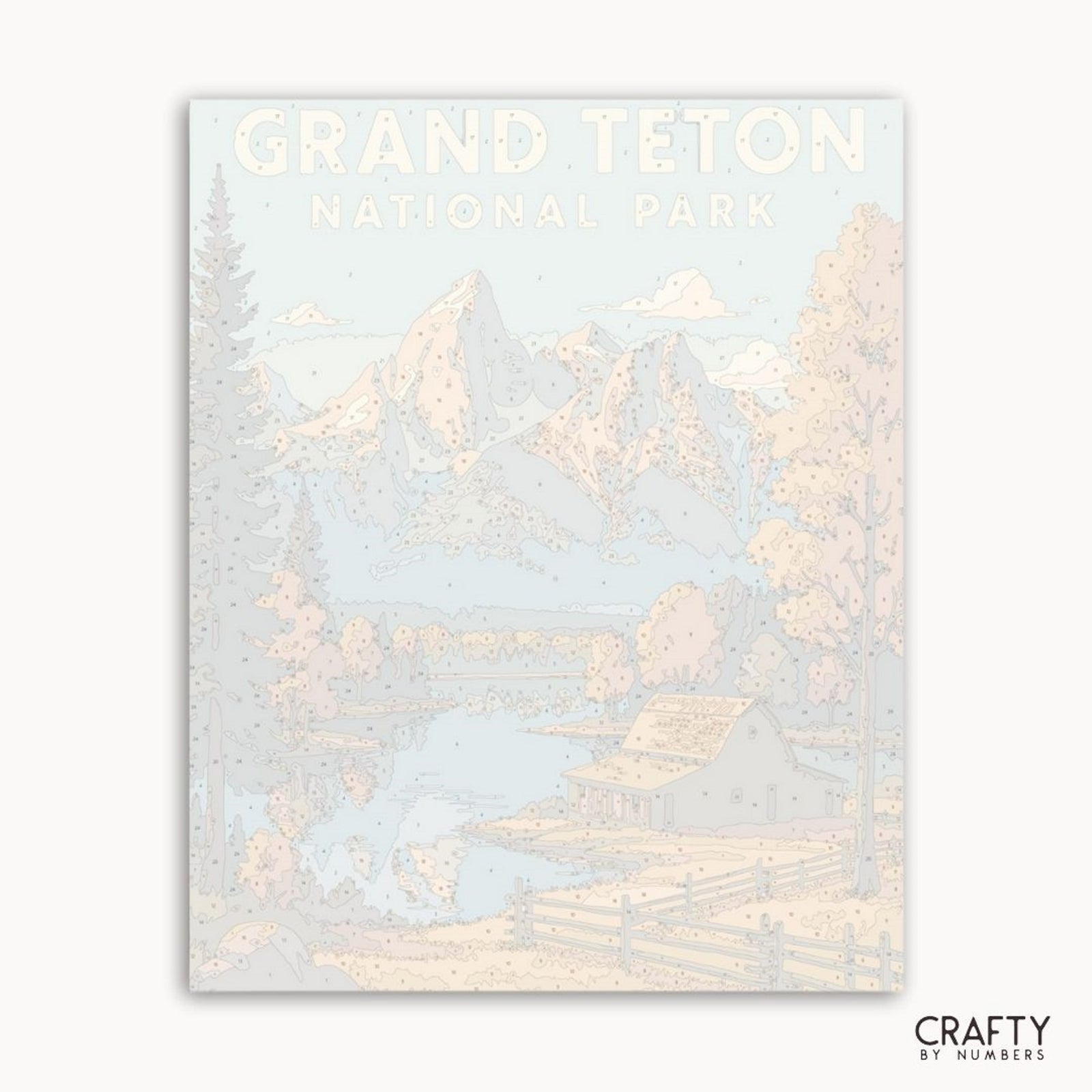 Kit de pintura por números inspirado en la naturaleza con picos Grand Teton y vistas serenas del parque para manualidades.