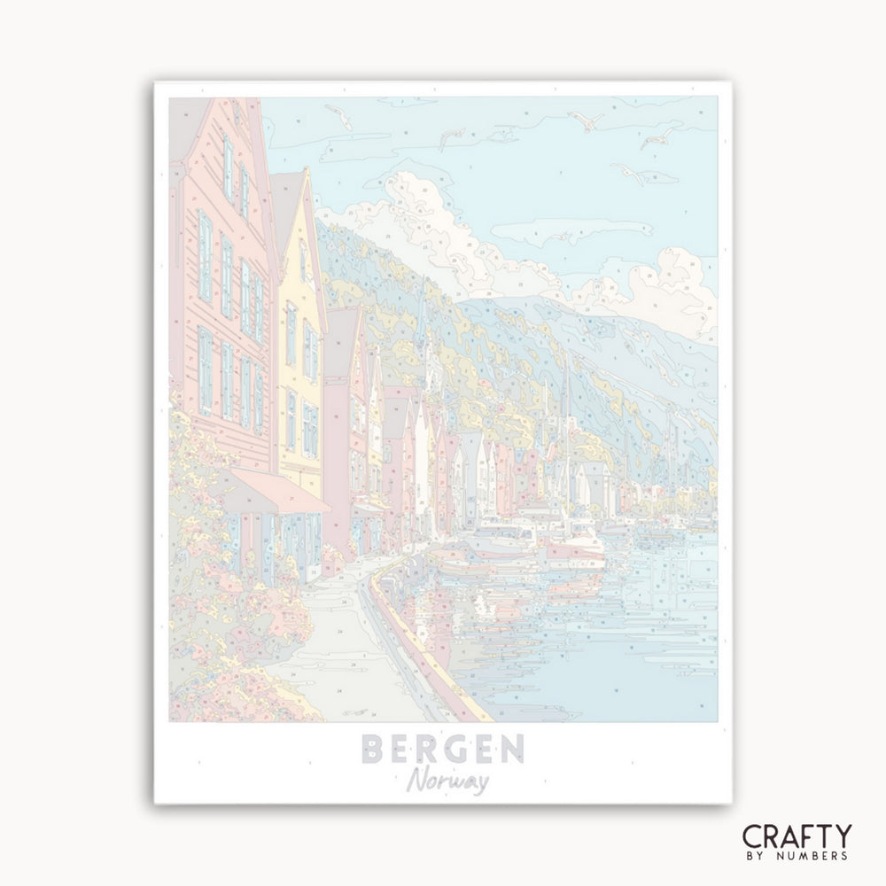 Framed artwork of Bergen, Norway with pastel colors