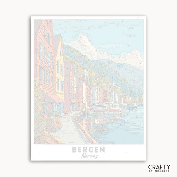 Framed artwork of Bergen, Norway with pastel colors
