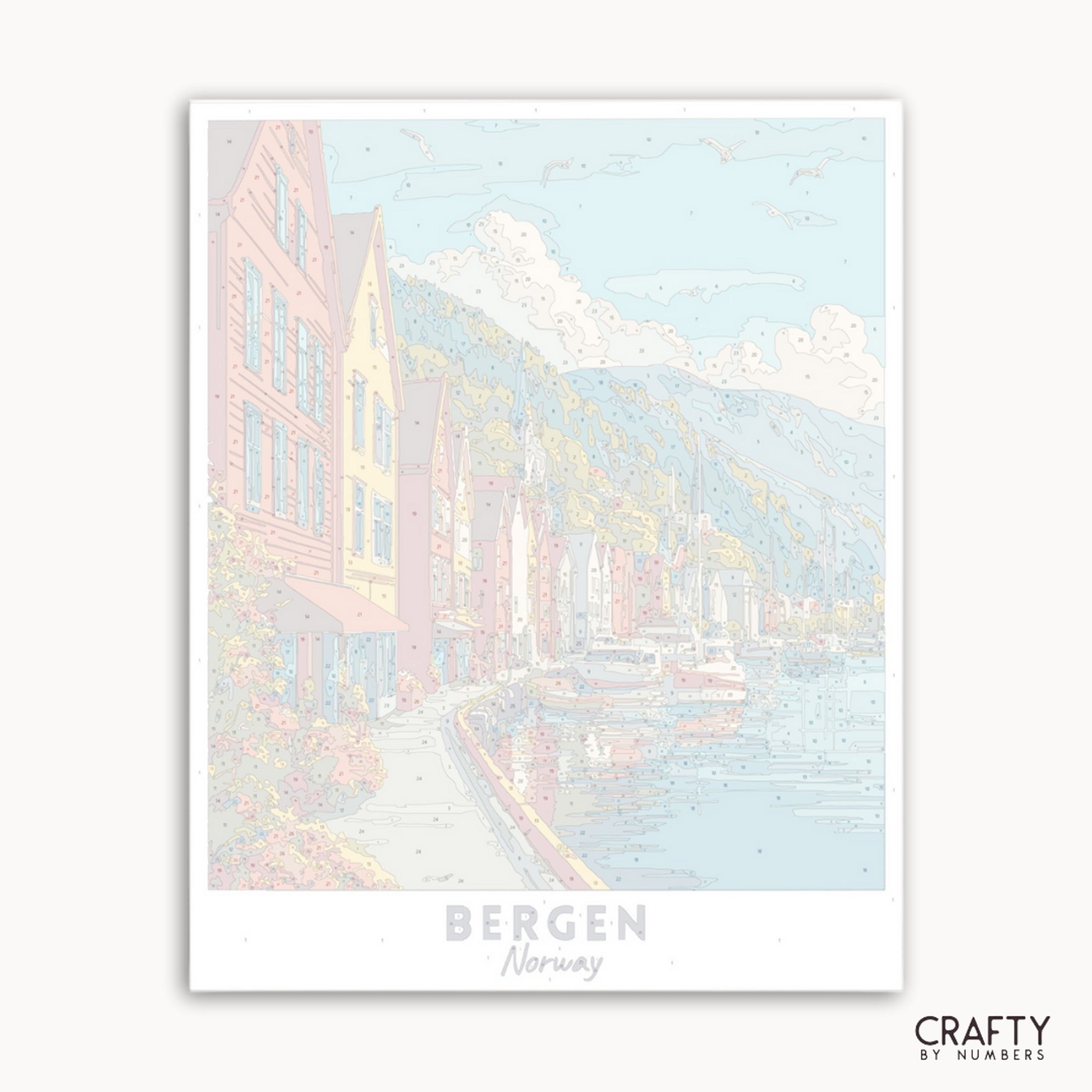 Framed artwork of Bergen, Norway with pastel colors