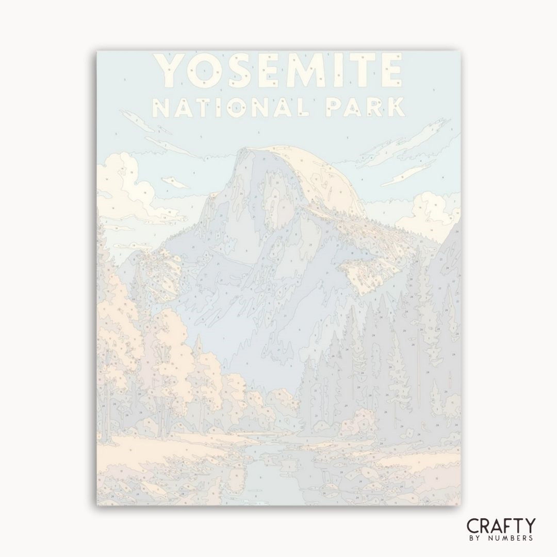 Artistic recreation of Yosemite’s Half Dome in a paint by numbers kit, highlighting mountain and nature beauty.