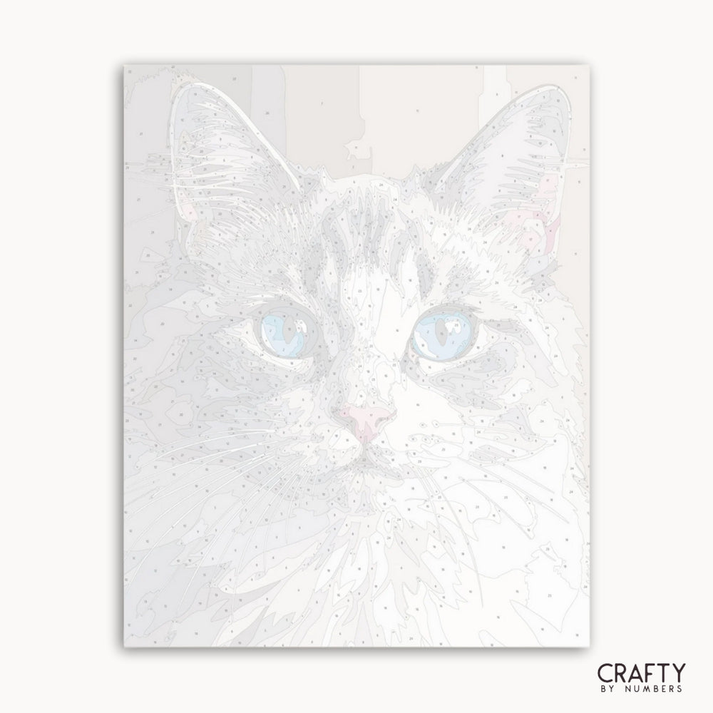 White cat illustration on a white background with 'Crafty by Numbers' branding.
