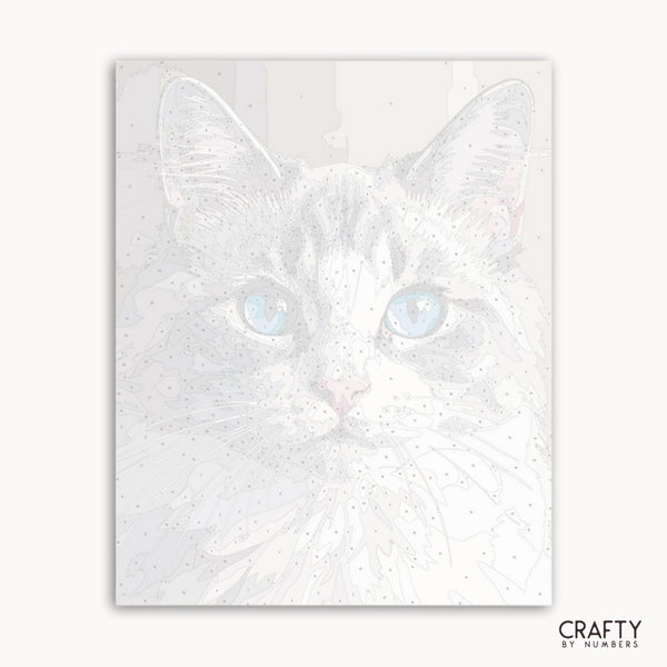 White cat illustration on a white background with 'Crafty by Numbers' branding.