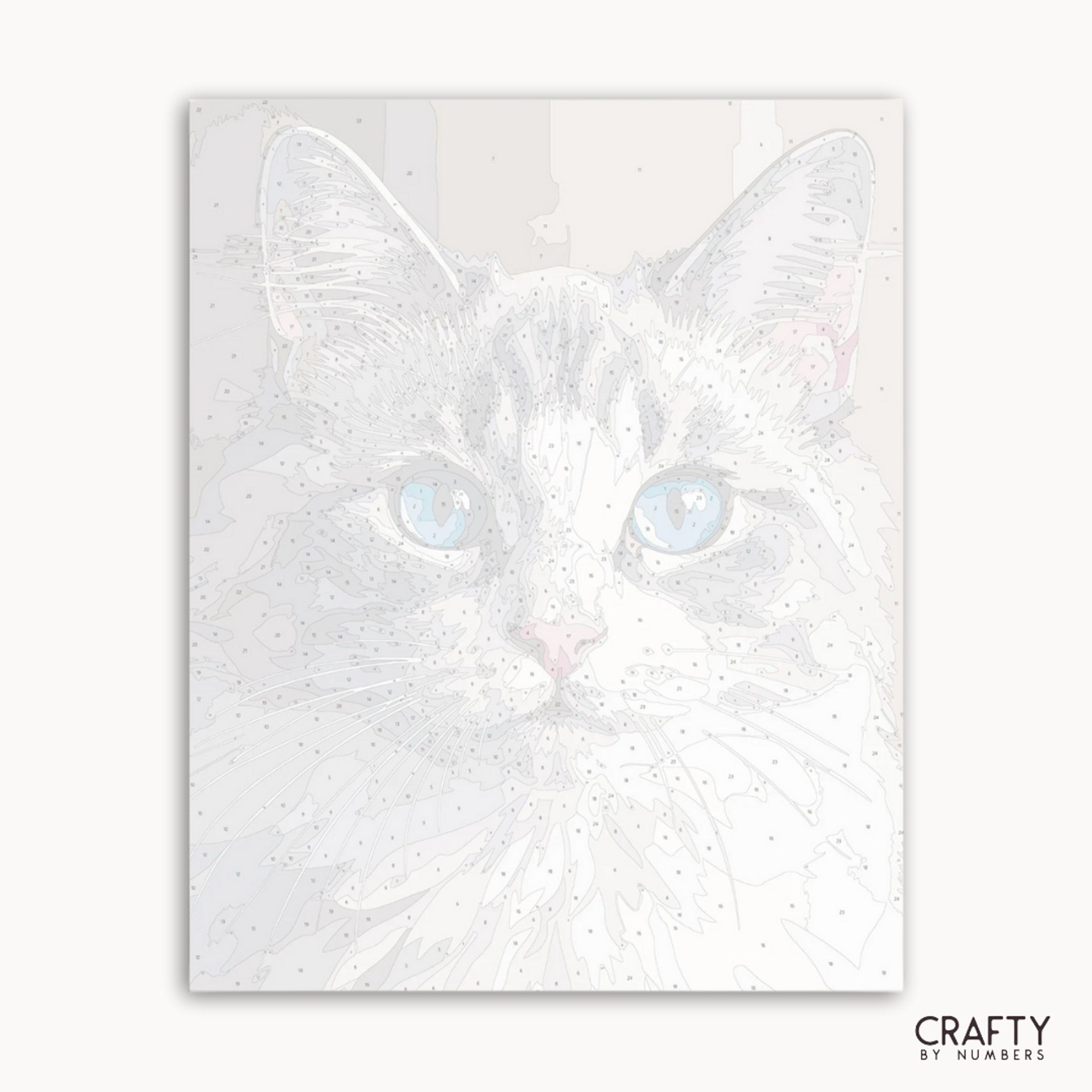 White cat illustration on a white background with 'Crafty by Numbers' branding.