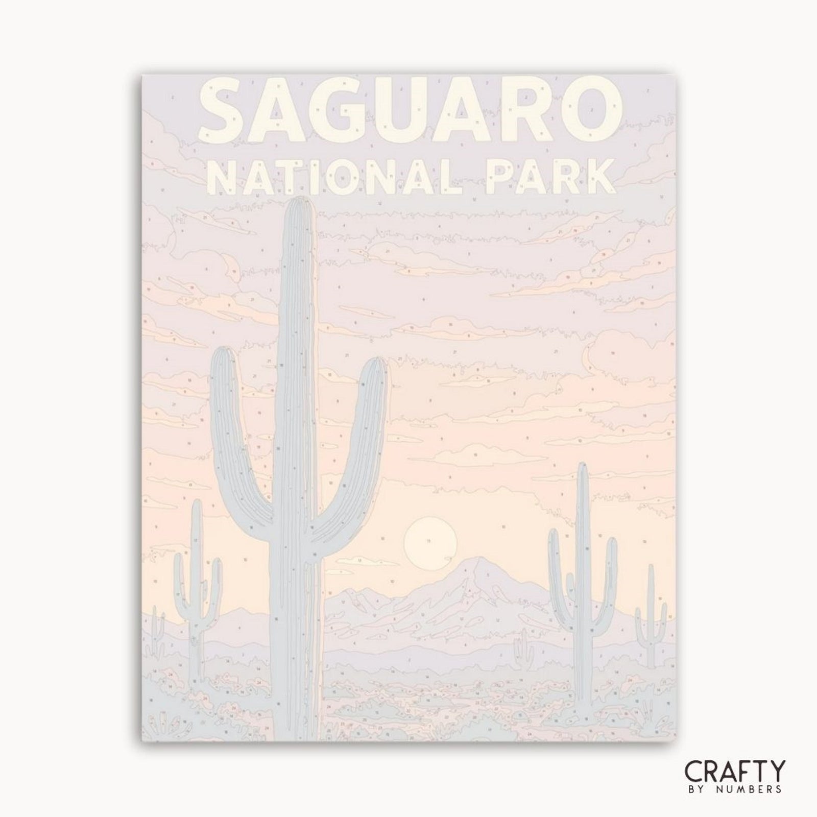 Kit de pintura por números inspirado en la naturaleza que muestra obras de arte panorámicas del cactus Saguaro.