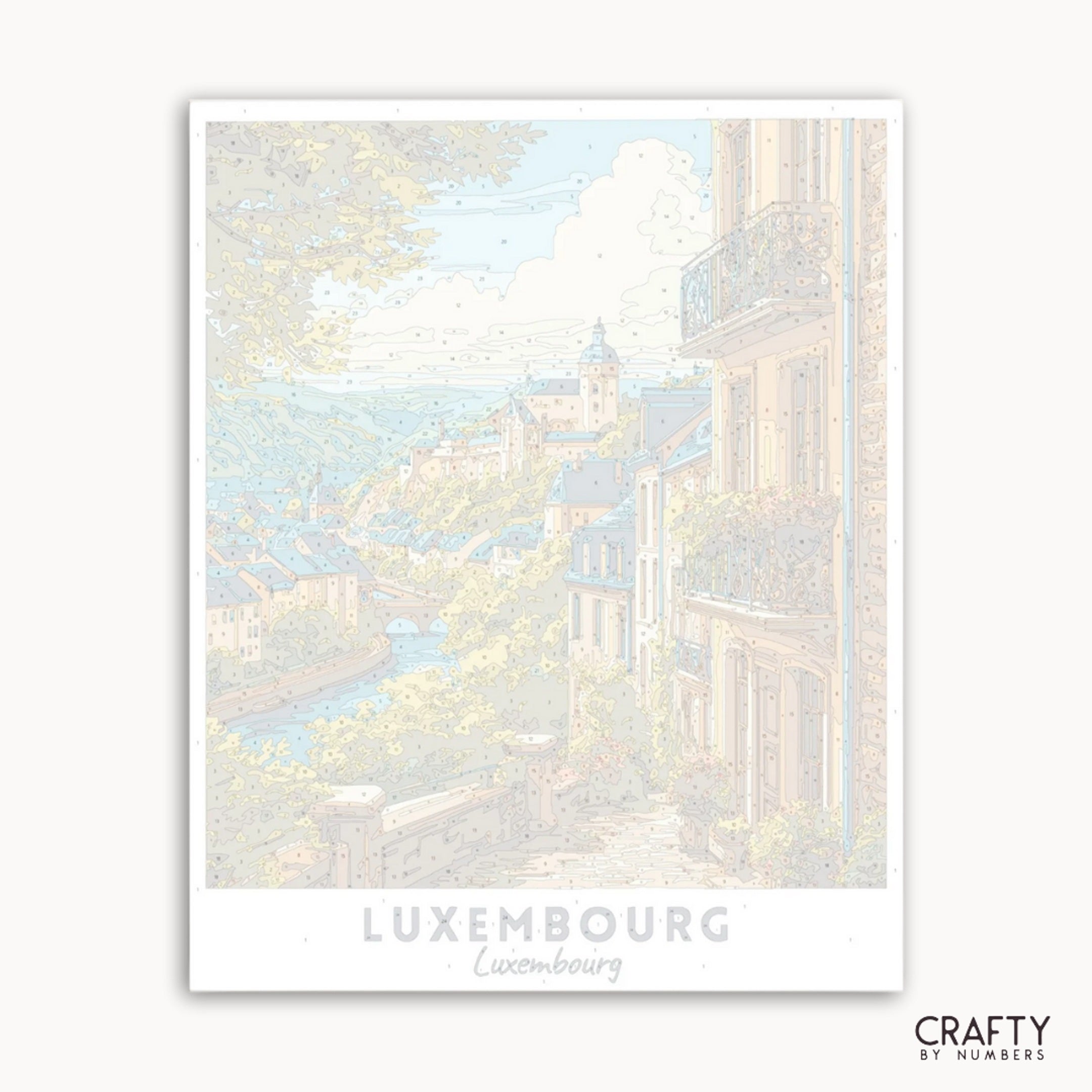 Framed artwork of a scenic view with 'Luxembourg' text and 'Crafty by Numbers' branding.