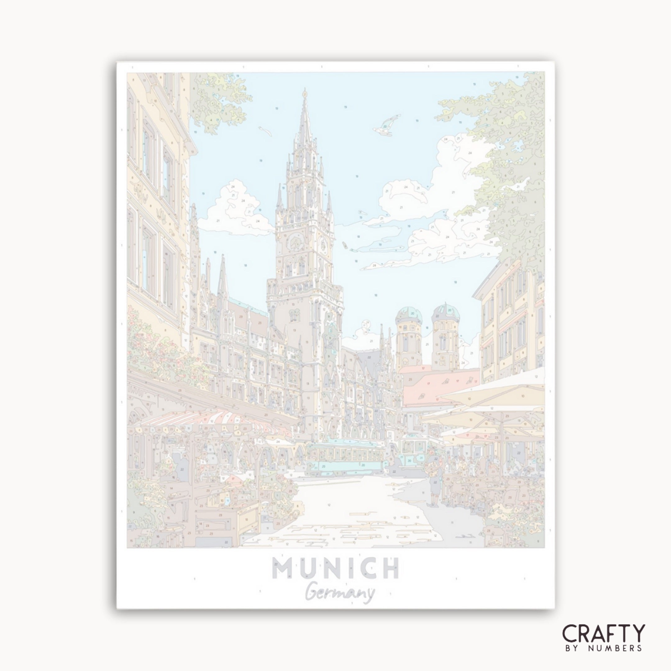 Framed artwork of a cityscape with 'Munich, Germany' text on a white background