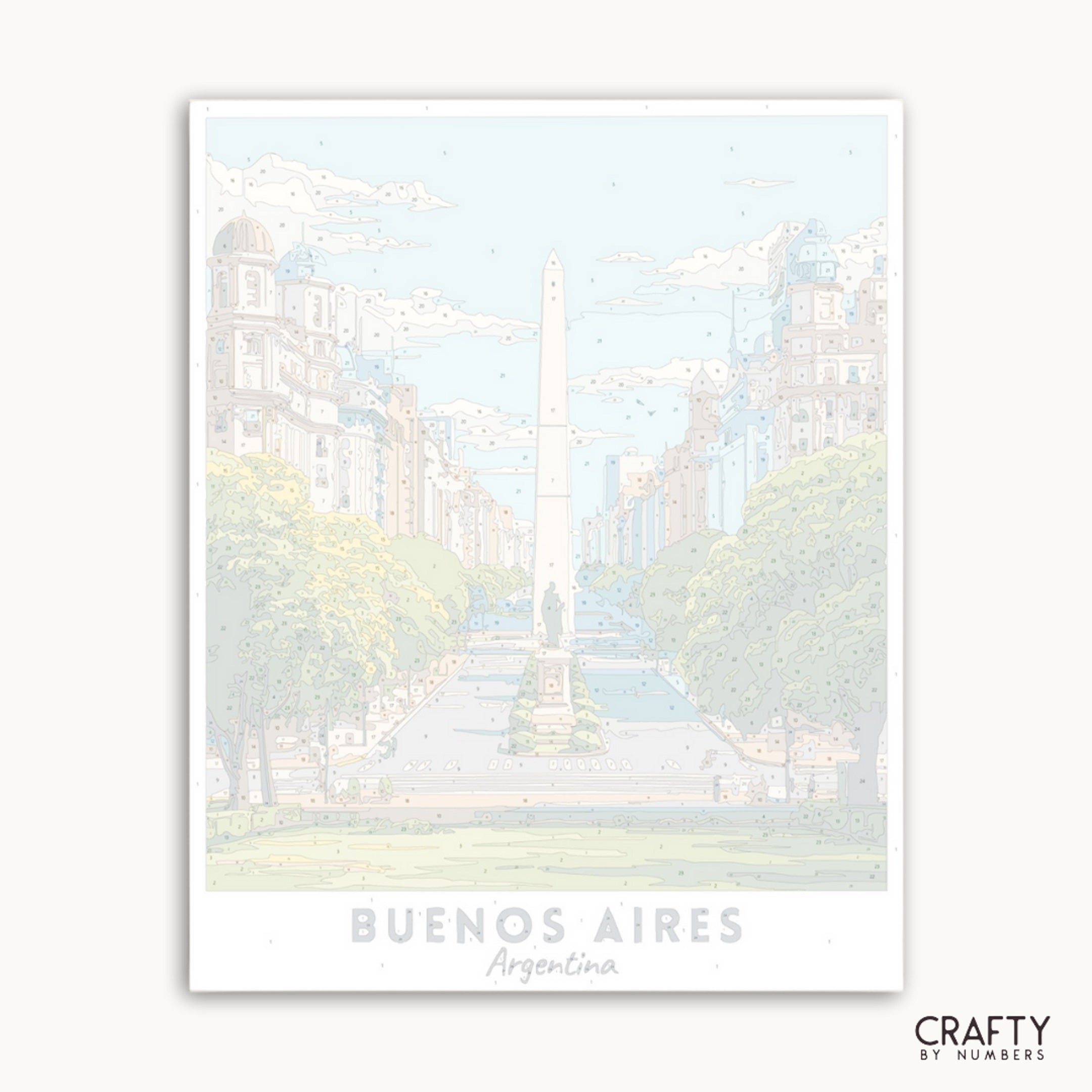 Framed artwork of a cityscape with 'Buenos Aires, Argentina' text on a white background.