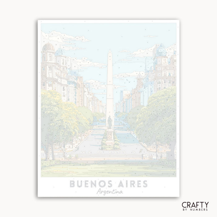 Framed artwork of a cityscape with 'Buenos Aires, Argentina' text on a white background.