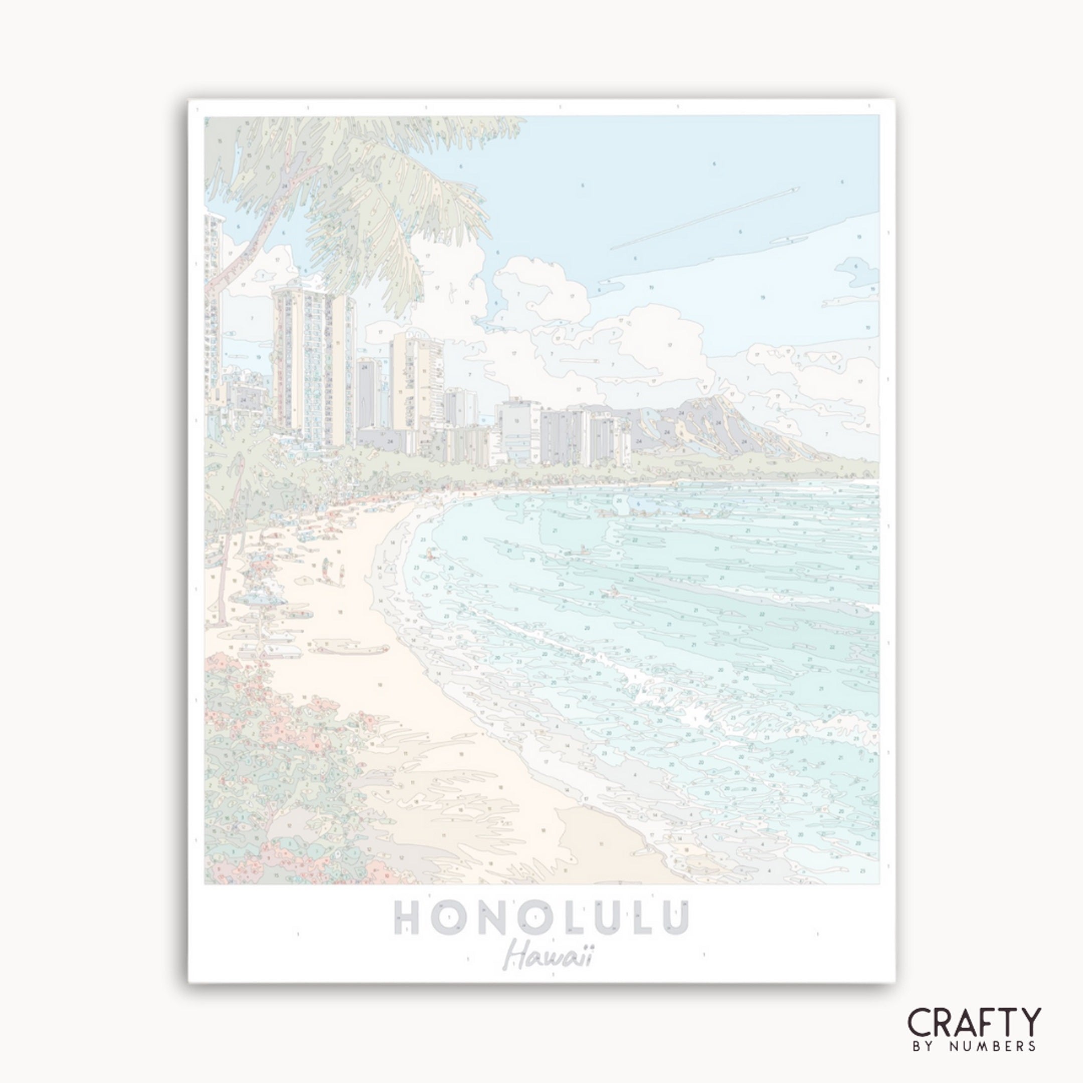 Art print of a beach scene with 'Honolulu, Hawaii' text and 'Crafty by Numbers' branding.