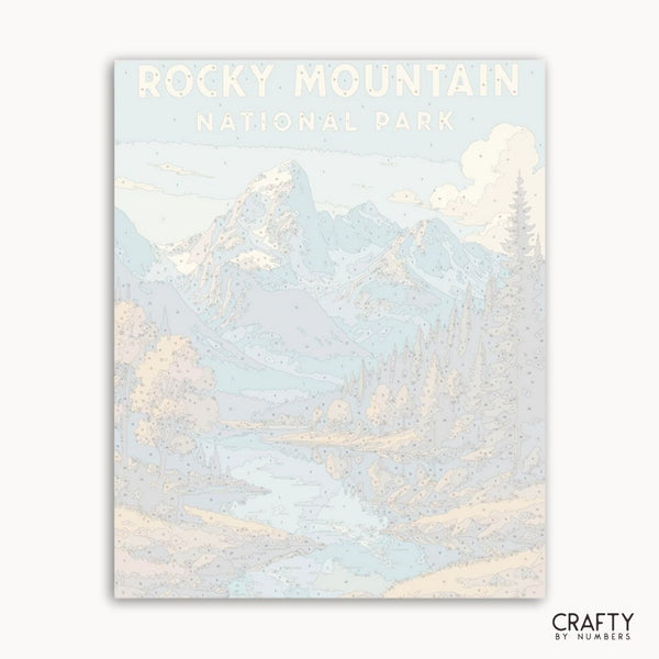 National Park DIY painting kit featuring Rocky Mountain lake and peaceful wilderness scene.