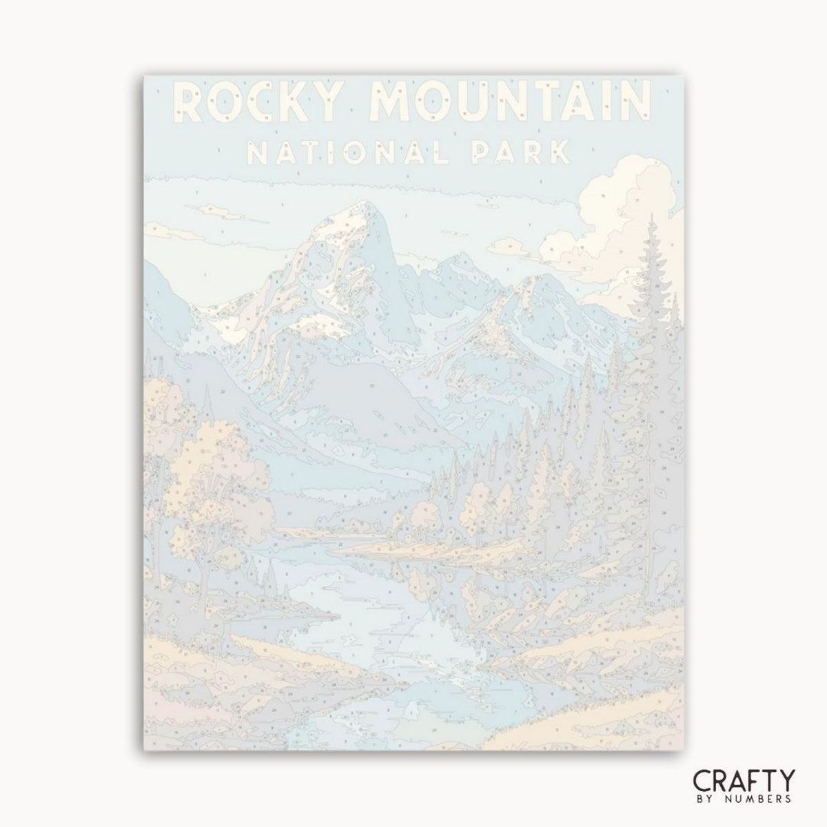 Kit de peinture DIY du parc national représentant le lac des Montagnes Rocheuses et une scène sauvage paisible.