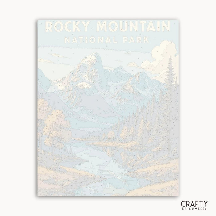National Park DIY painting kit featuring Rocky Mountain lake and peaceful wilderness scene.