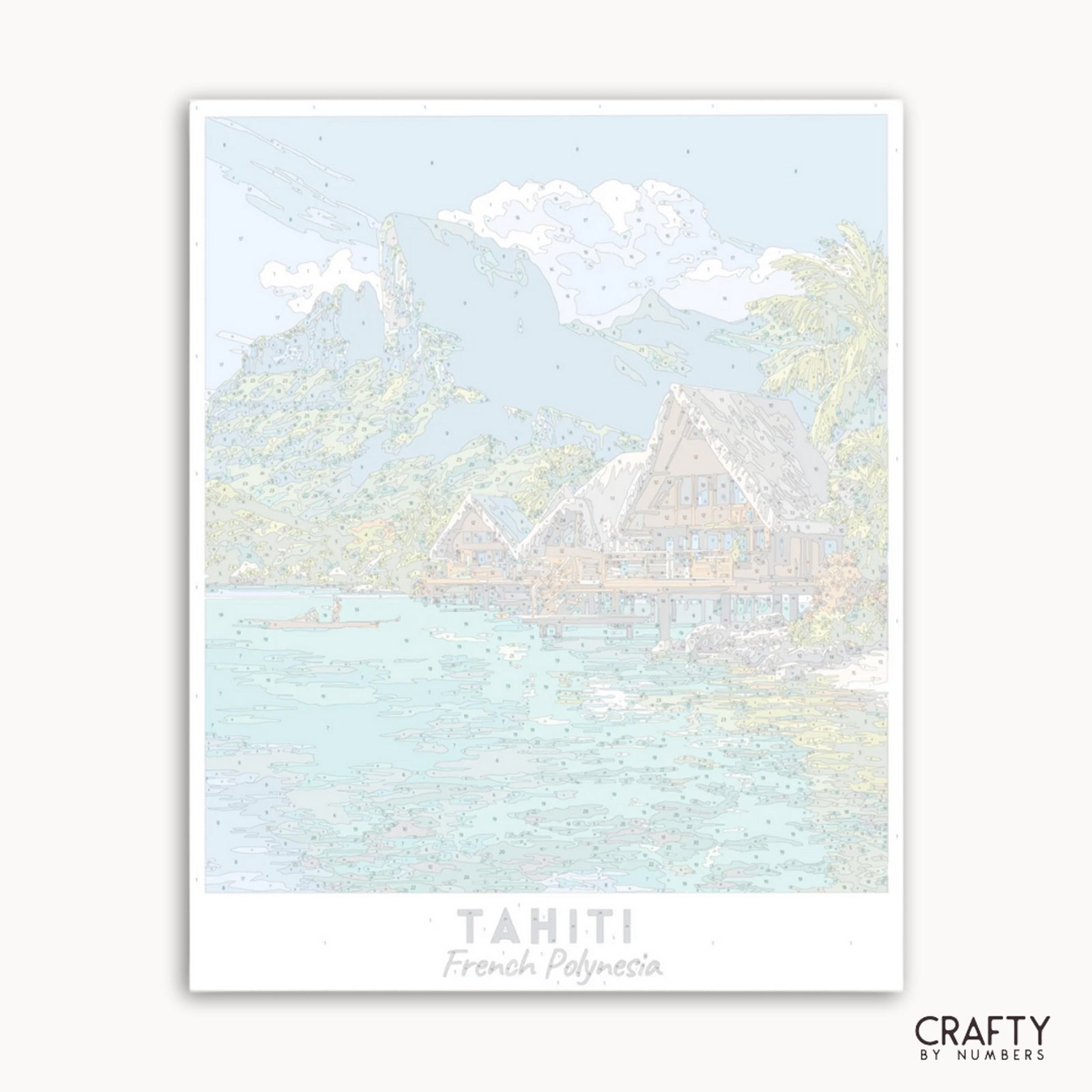 Karte von Tahiti mit Bergen und Wasser, mit der Marke „Crafty by Numbers“.