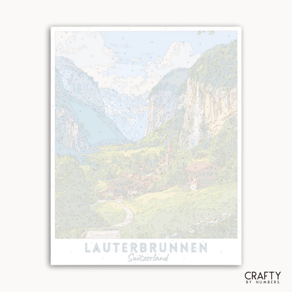 Mountain landscape with 'Lauterbrunnen Switzerland' text and 'Crafty by Numbers' branding.