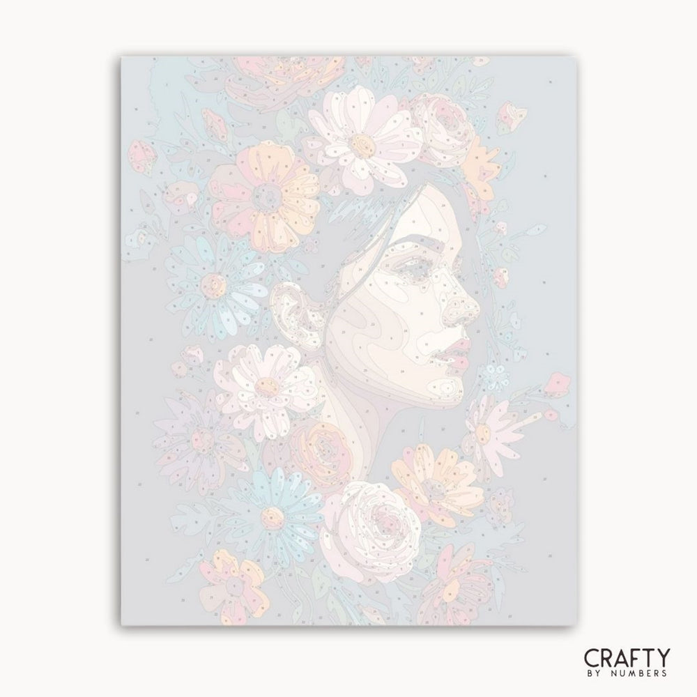 Floral pattern with a butterfly on a light blue background, featuring the brand 'Crafty by Numbers'.