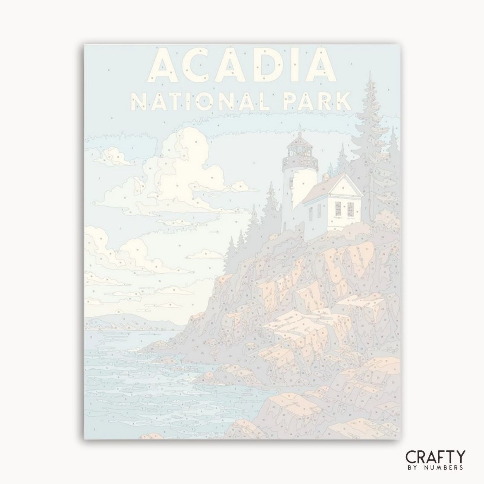 Poster of Acadia National Park with a lighthouse and snowy landscape.