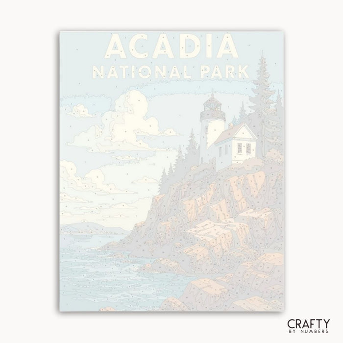 Poster of Acadia National Park with a lighthouse and snowy landscape.