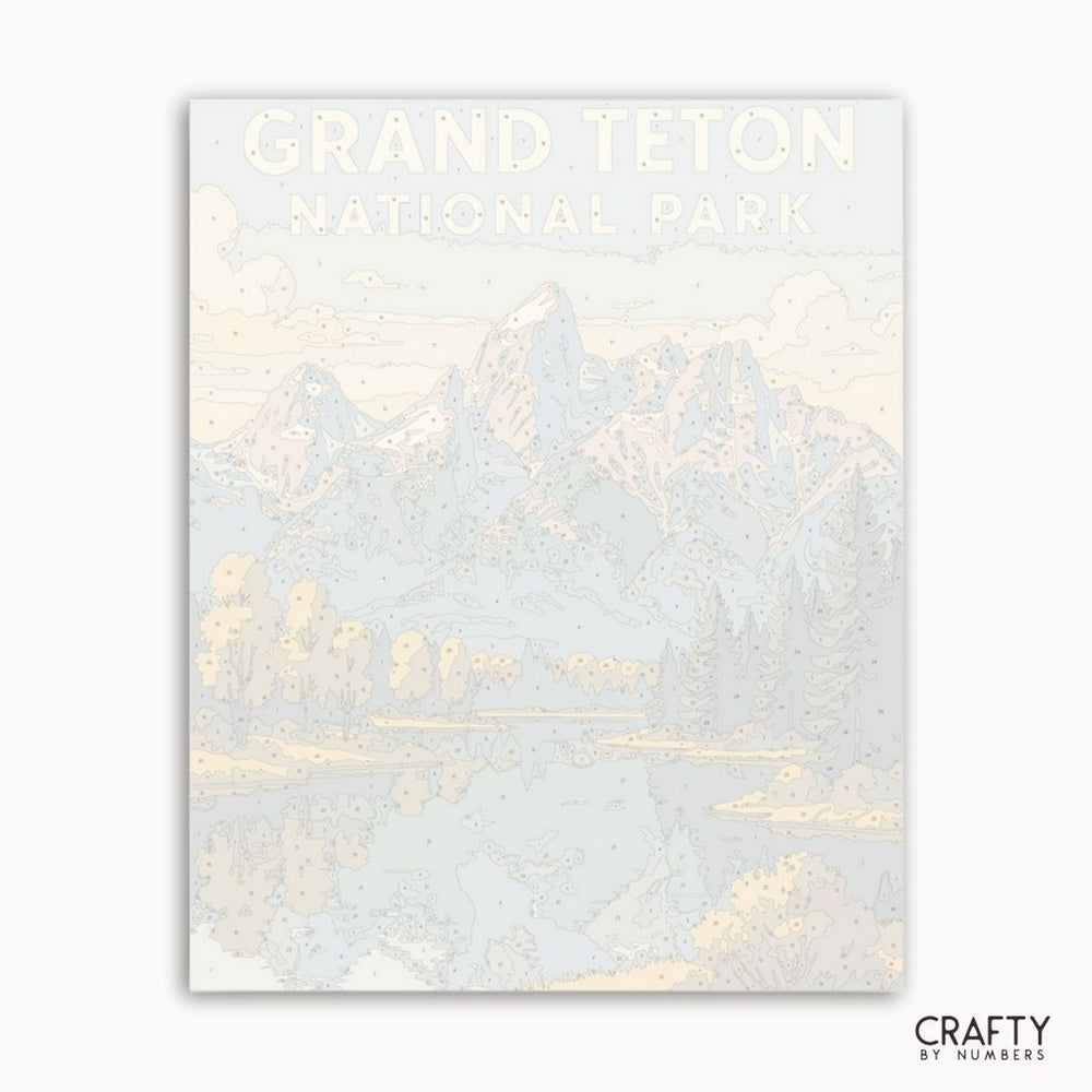 Golden Peaks Grand Teton paint by numbers, a hand-painted recreation of wilderness mountain view.