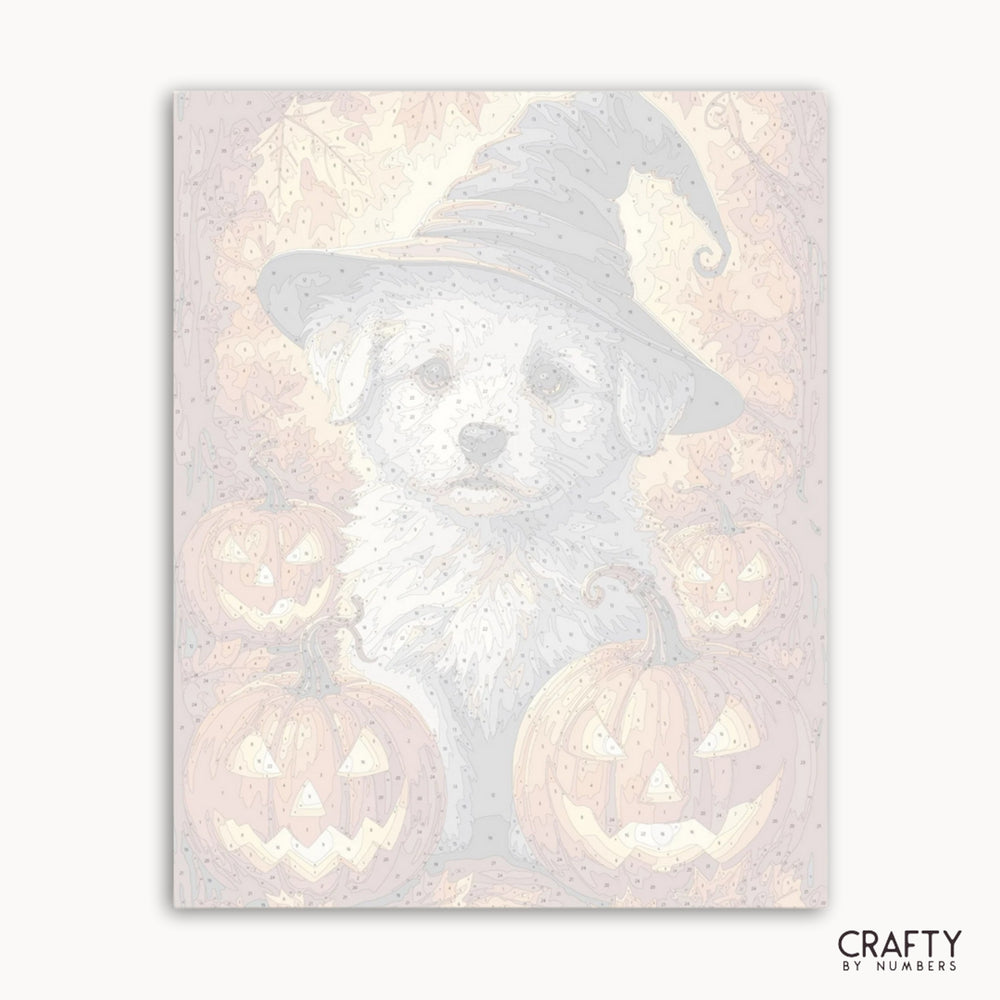 Halloween-themed design with a dog wearing a witch hat and pumpkins on a light background.
