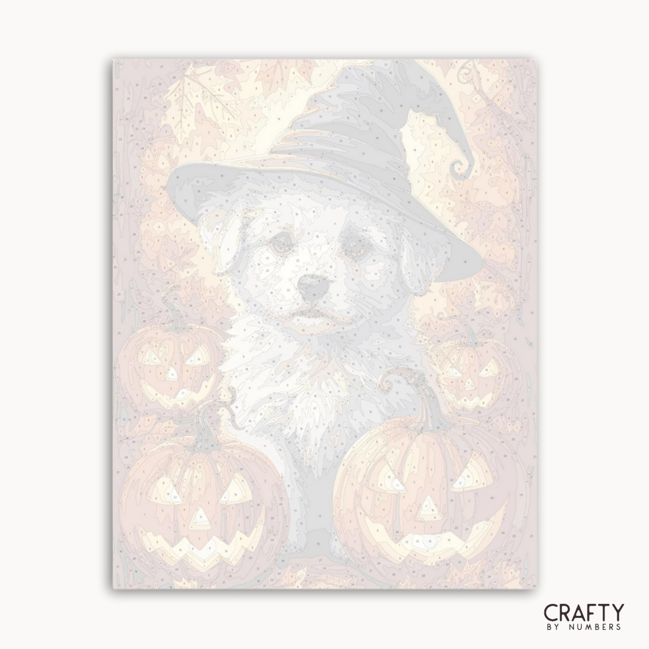 Halloween-themed design with a dog wearing a witch hat and pumpkins on a light background.