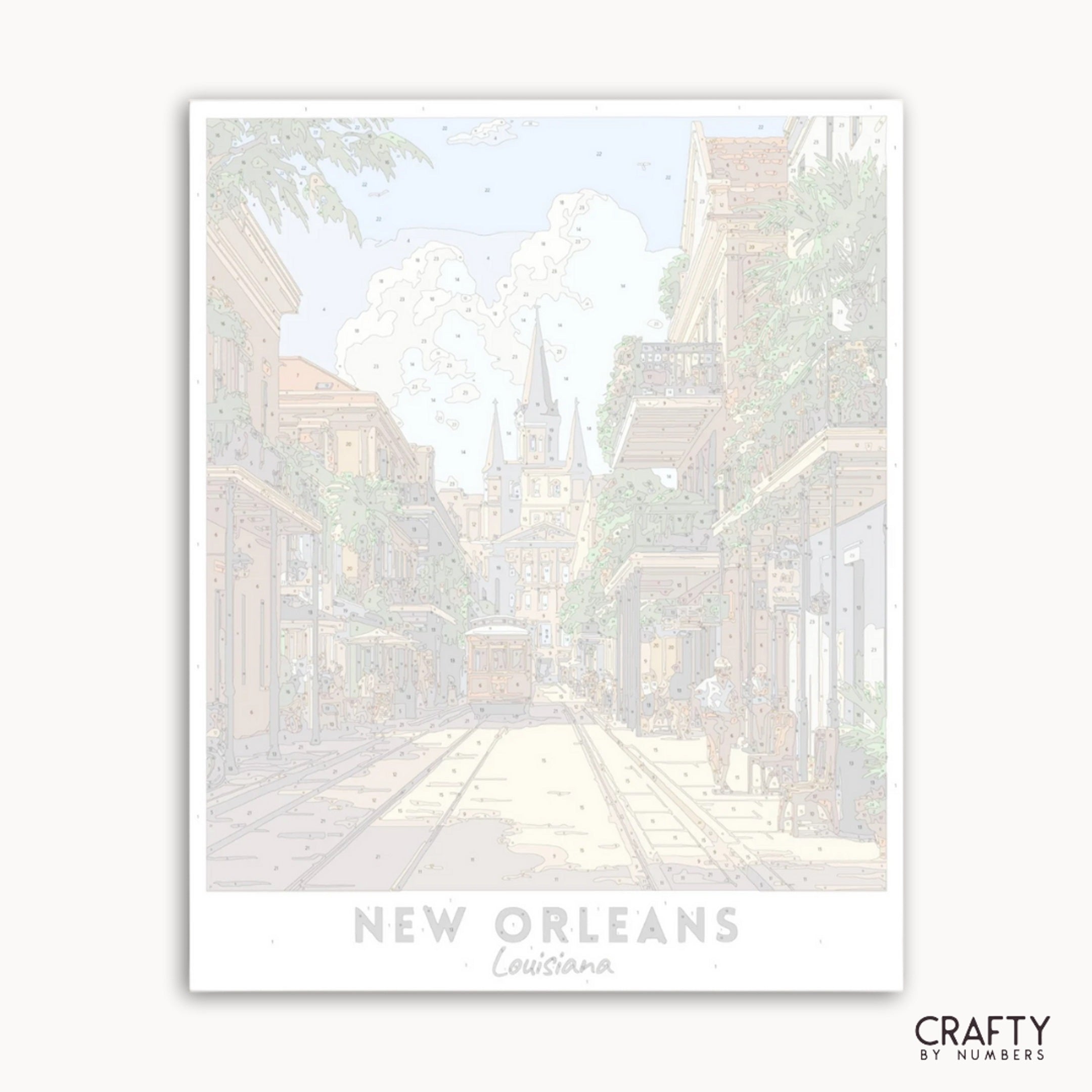 Framed artwork of a street scene in New Orleans with 'Crafty by Numbers' branding.