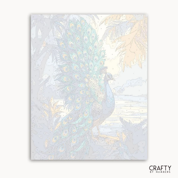 Decorative paper with peacock design on a white background, branded 'Crafty by Numbers'.