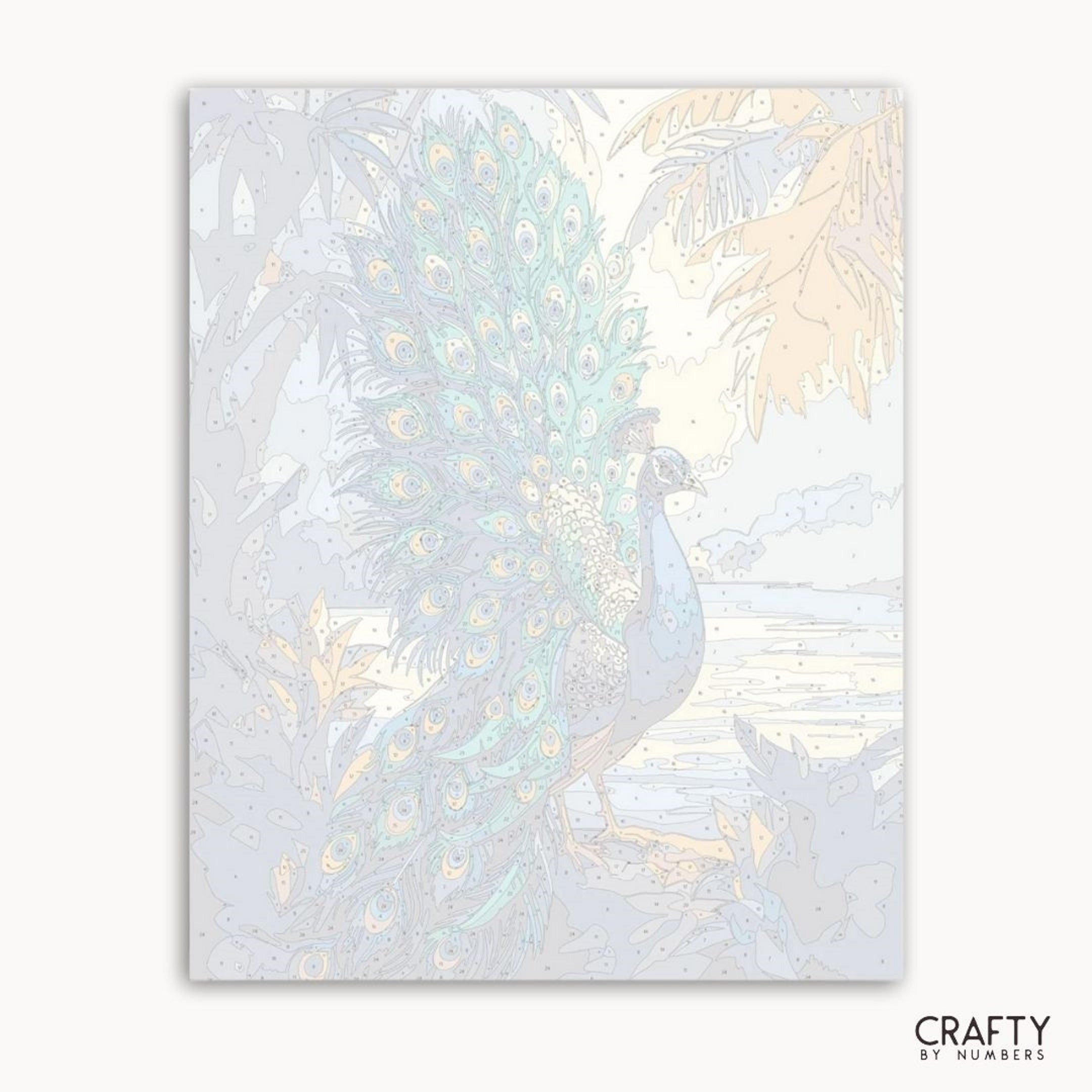 Decorative paper with peacock design on a white background, branded 'Crafty by Numbers'.