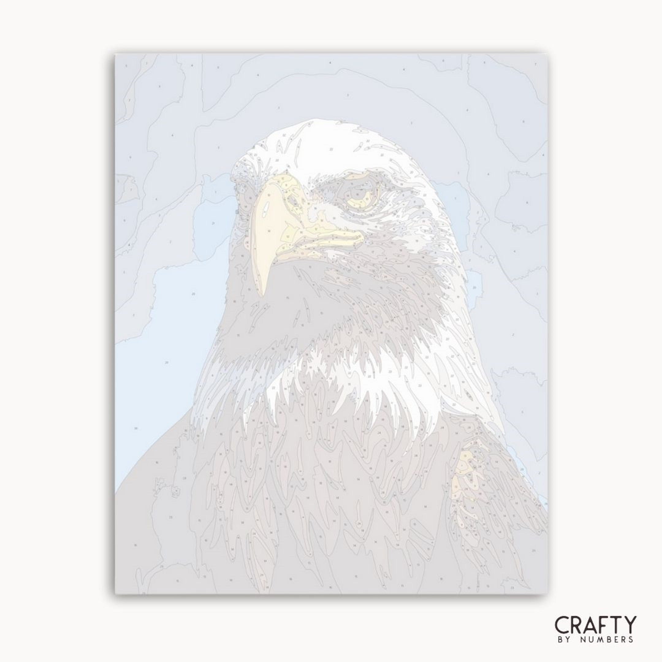 Holographic foil of an eagle on a light blue background with 'Crafty by Numbers' branding.
