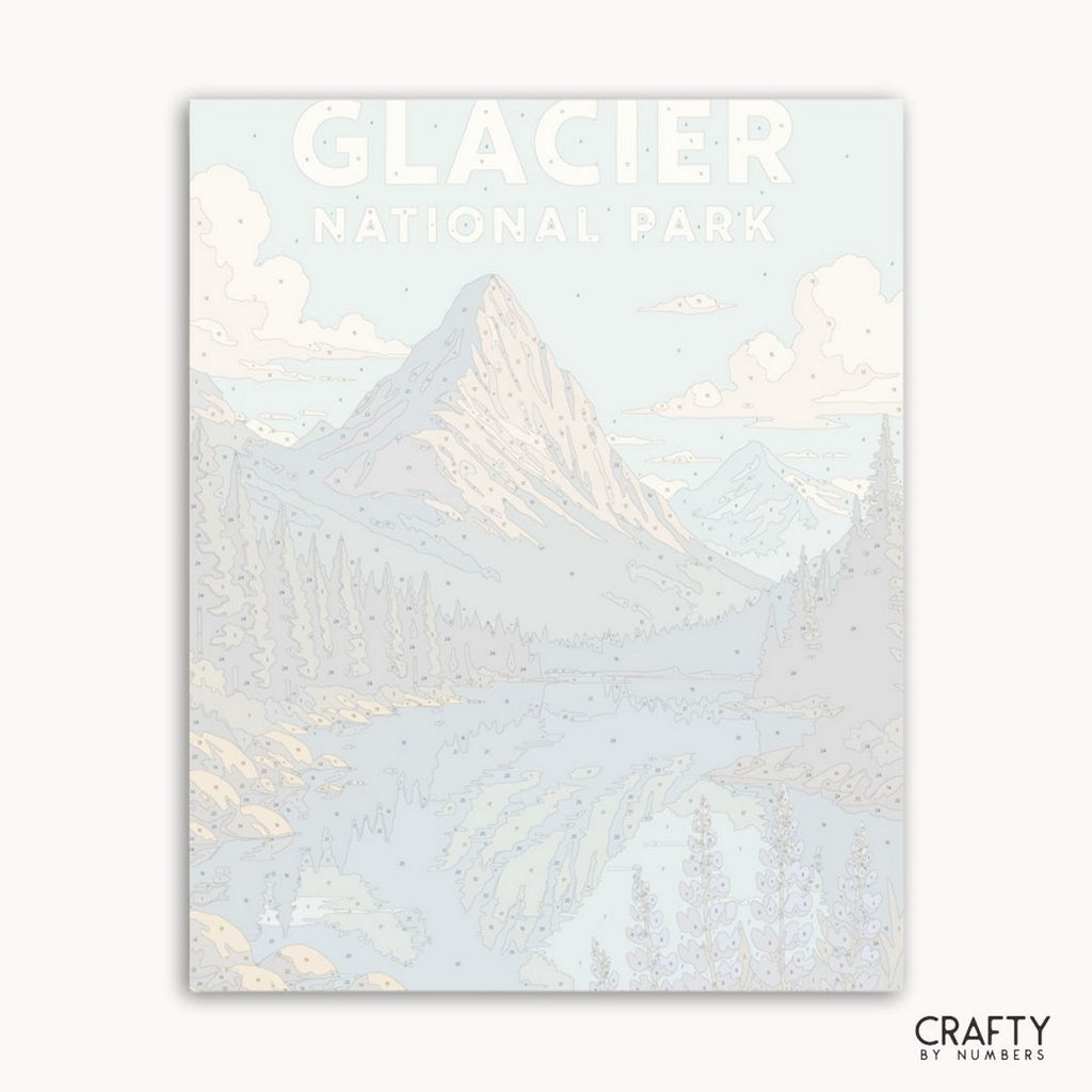 Malen-nach-Zahlen-Set für die Landschaft des Glacier-Nationalparks, das die Aussicht auf Twin Pines und die ruhige Berglandschaft hervorhebt.
