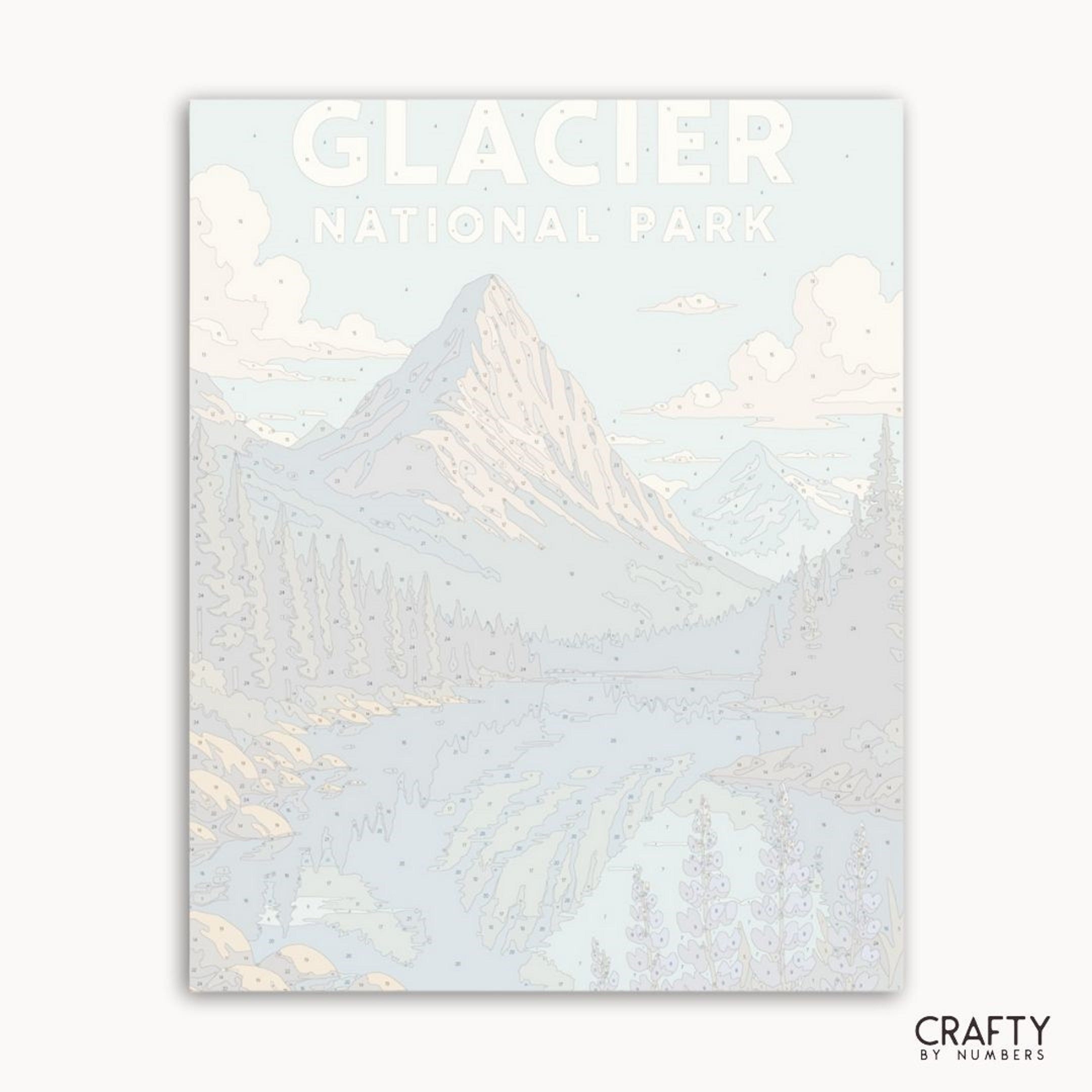 Glacier National Park scenery paint by numbers kit highlighting Twin Pines View and serene mountain landscape.