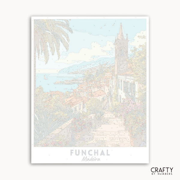 Pastel-colored illustration of a coastal scene with palm trees and buildings, featuring the text 'Funchal Madeira' and 'Crafty by Numbers'.