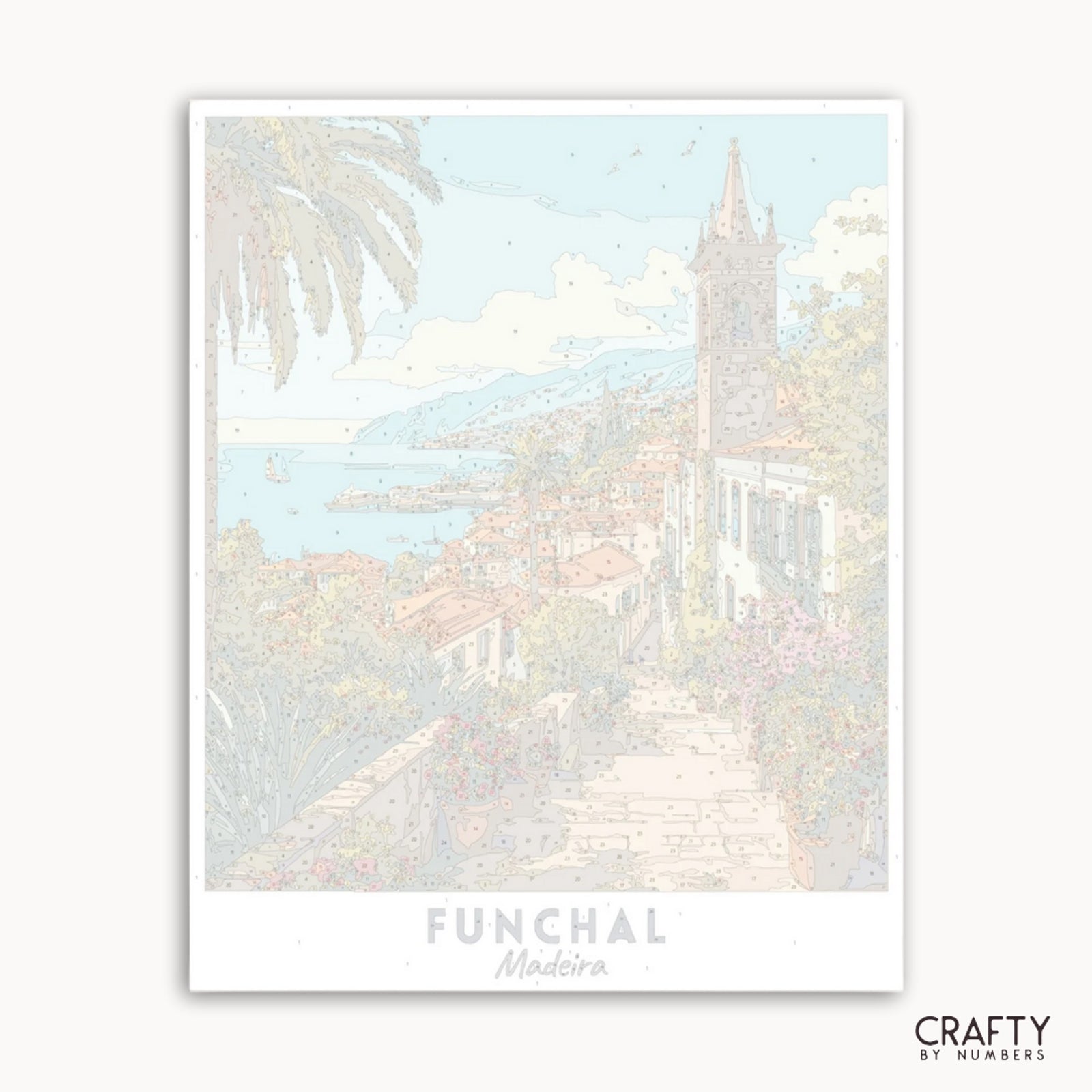 Ilustración en colores pastel de una escena costera con palmeras y edificios, con el texto "Funchal Madeira" y "Crafty by Numbers".