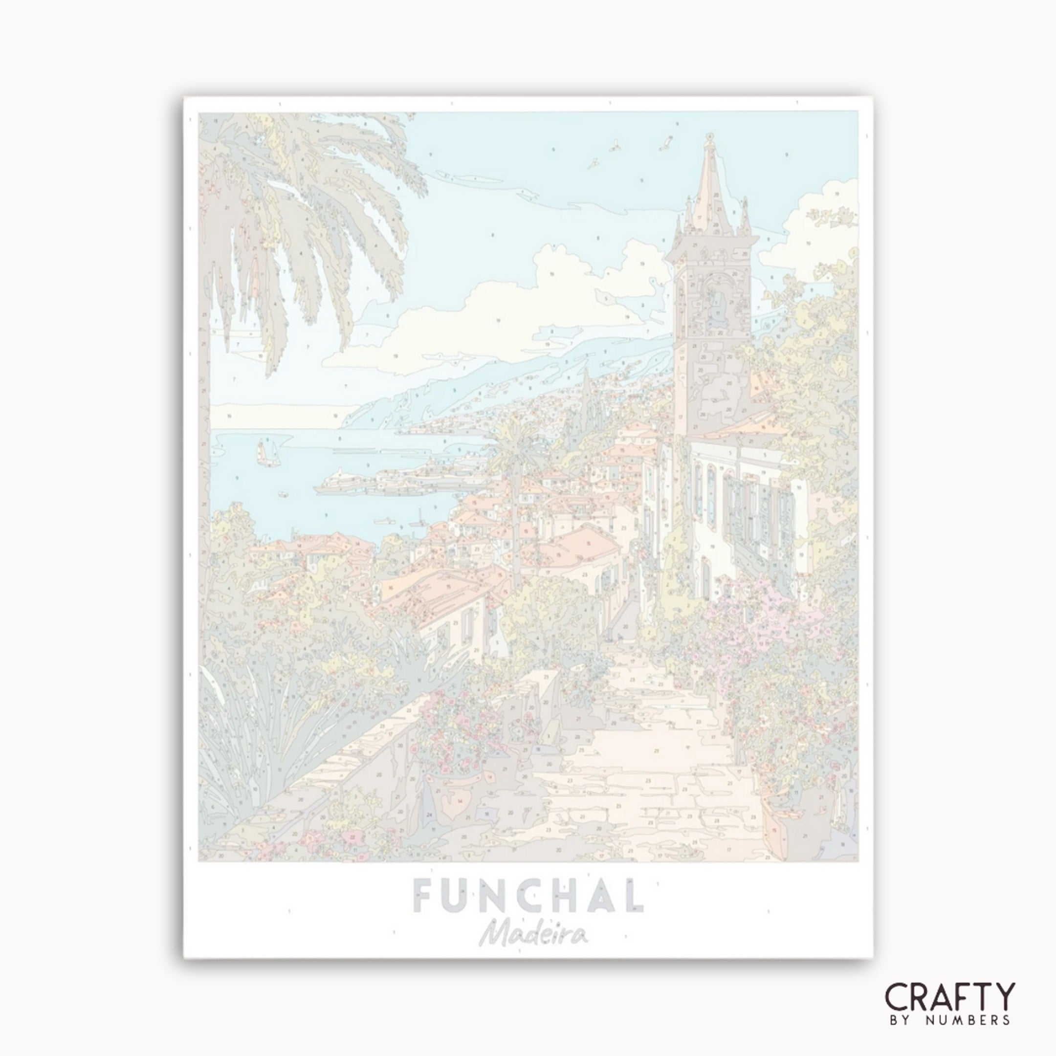 Pastel-colored illustration of a coastal scene with palm trees and buildings, featuring the text 'Funchal Madeira' and 'Crafty by Numbers'.