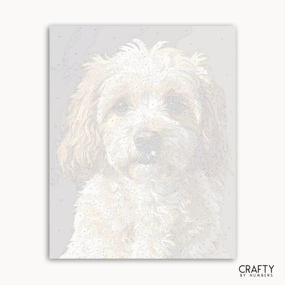 White dog illustration on a light gray background with 'Crafty by Numbers' branding.