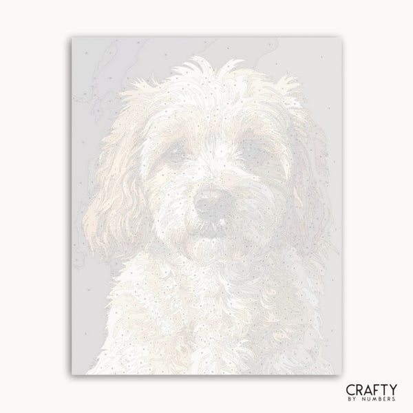 White dog illustration on a light gray background with 'Crafty by Numbers' branding.