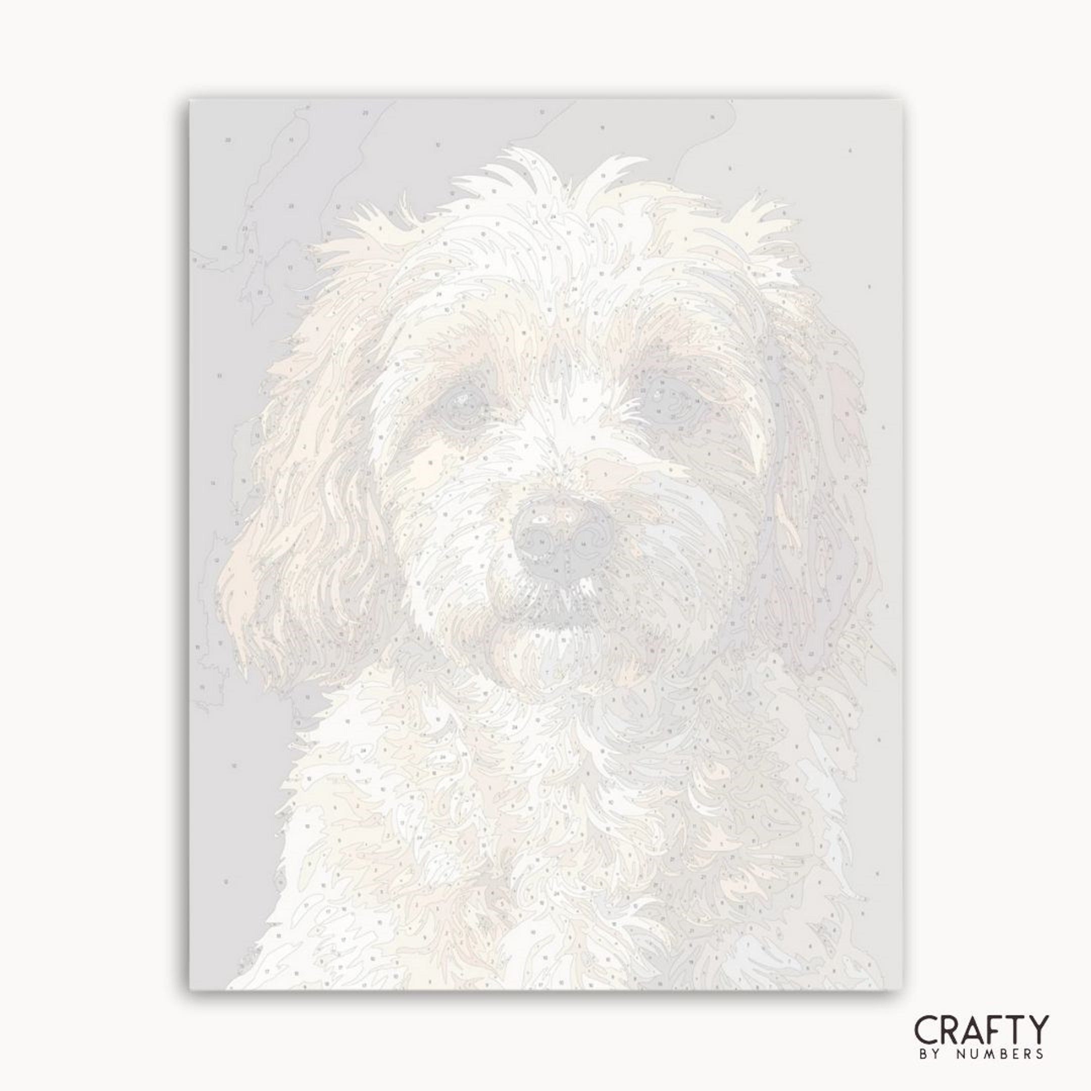 White dog illustration on a light gray background with 'Crafty by Numbers' branding.
