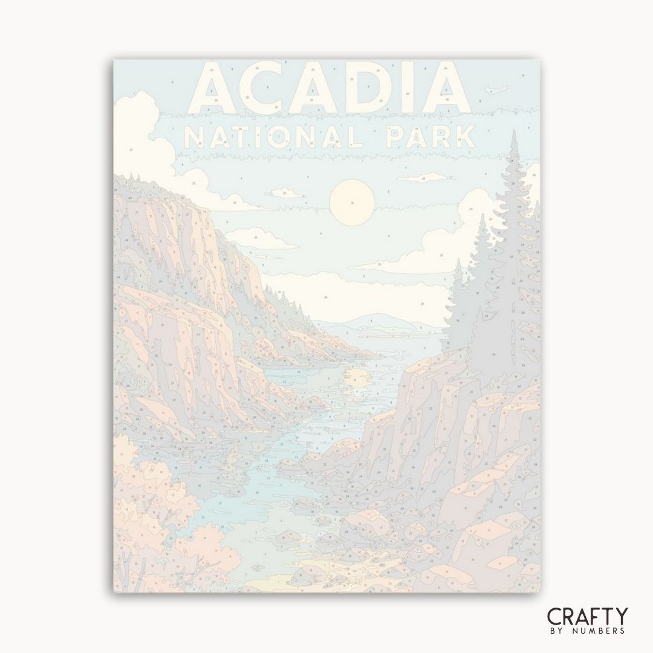 Sunlit cliffs of Acadia National Park captured in a paint by numbers kit for landscape painting lovers.