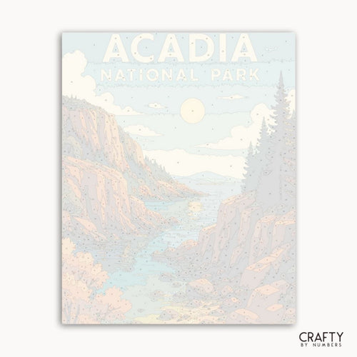 Sunlit cliffs of Acadia National Park captured in a paint by numbers kit for landscape painting lovers.