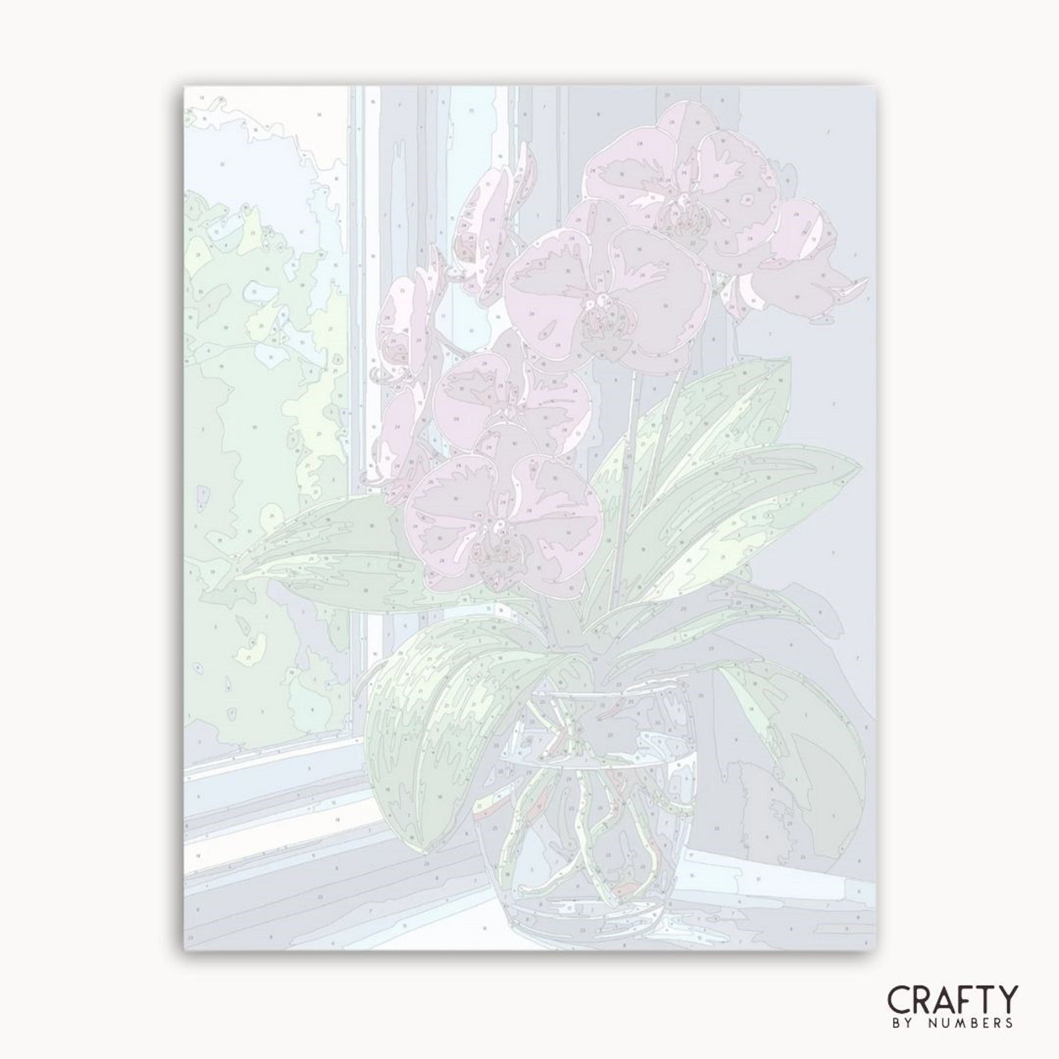 Iridescent glass vase with flowers on a white background, featuring the brand 'Crafty by Numbers'.