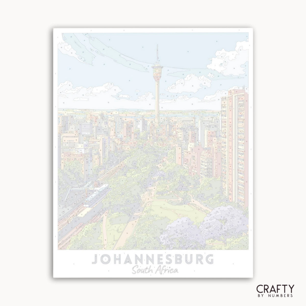 Oeuvre encadrée de Johannesburg, en Afrique du Sud, avec un paysage urbain et une tour.