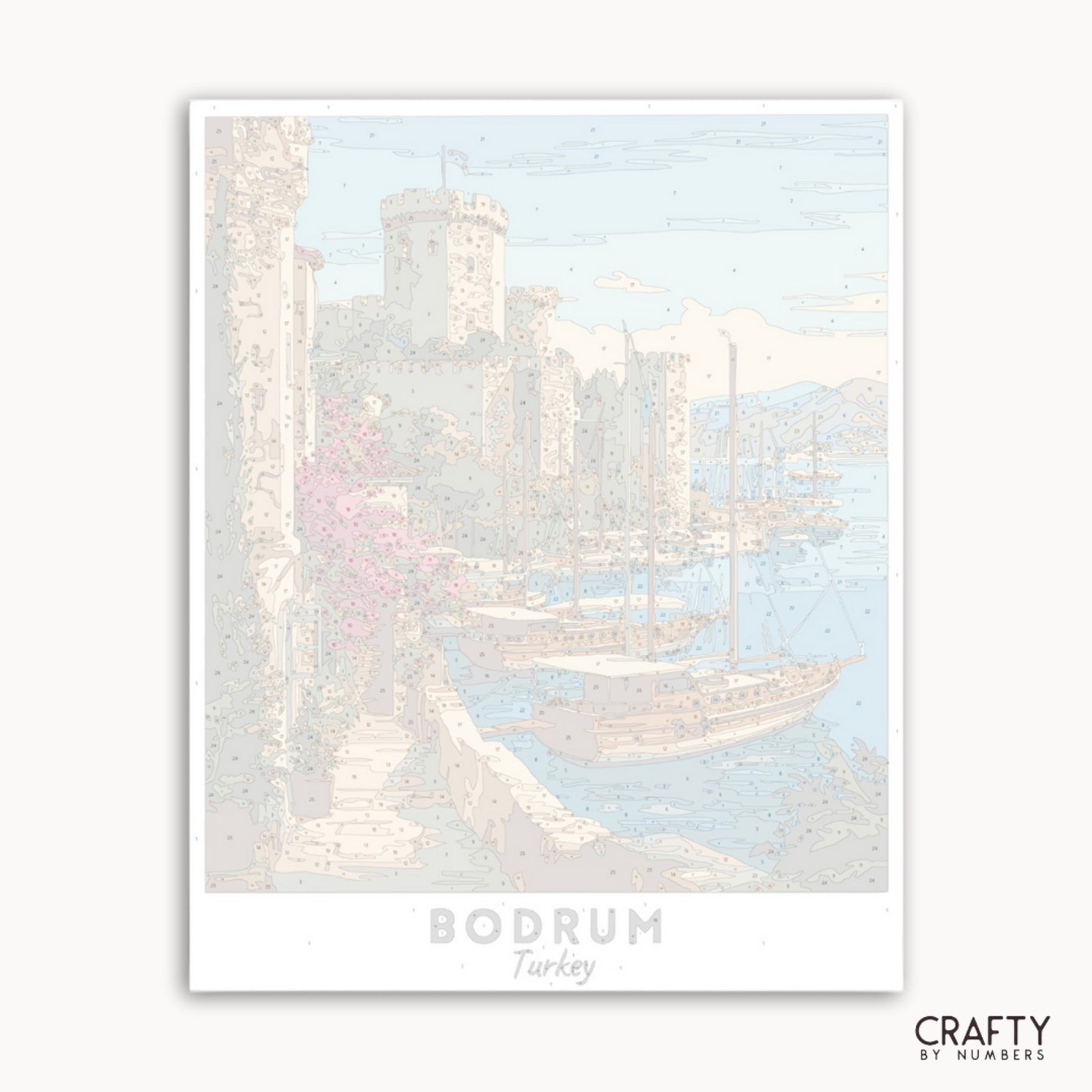 Framed artwork of a cityscape with 'Bodrum, Turkey' text on a light background