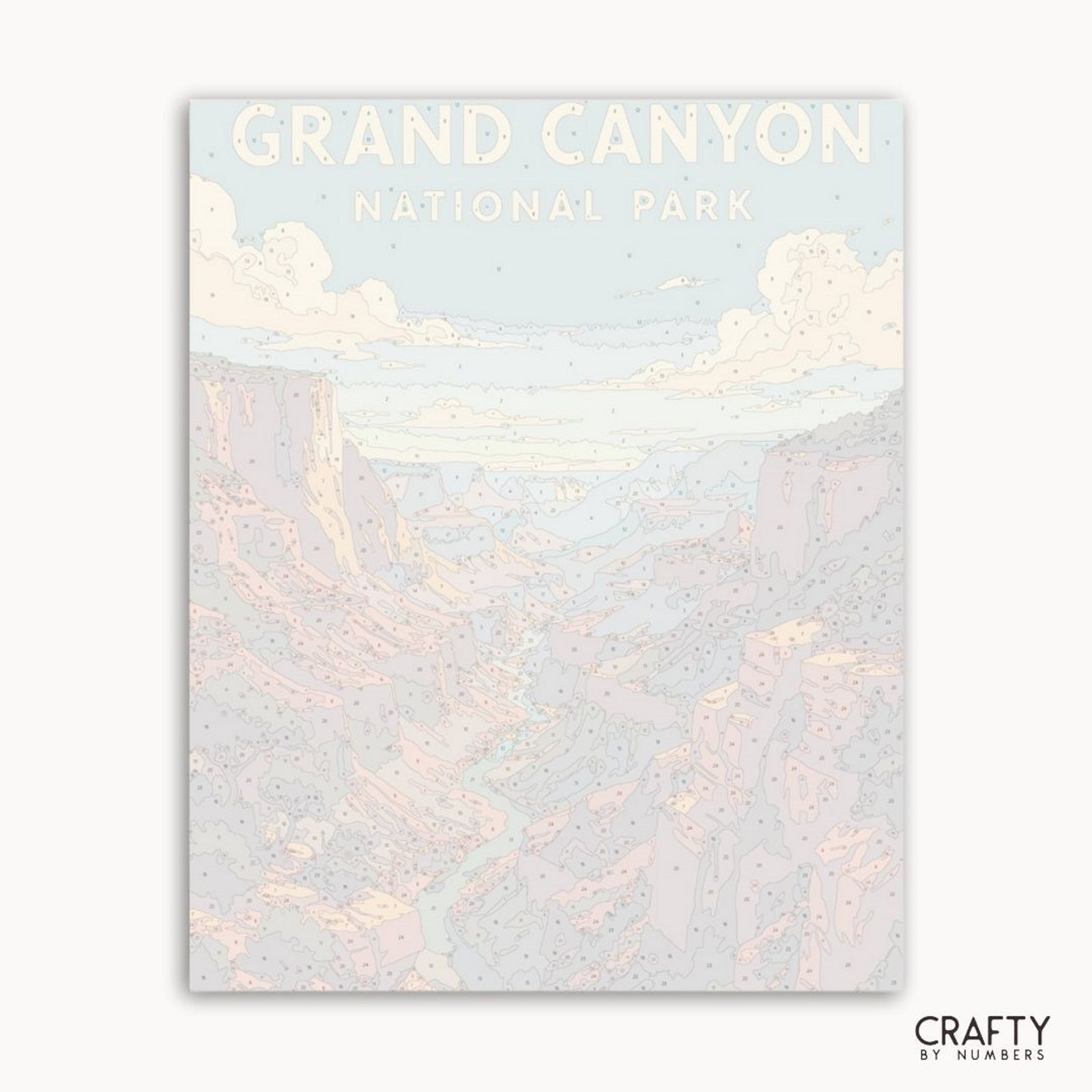 Paisaje panorámico del Gran Cañón al atardecer en un kit de pintura por números, perfecto para los amantes del arte de la naturaleza.