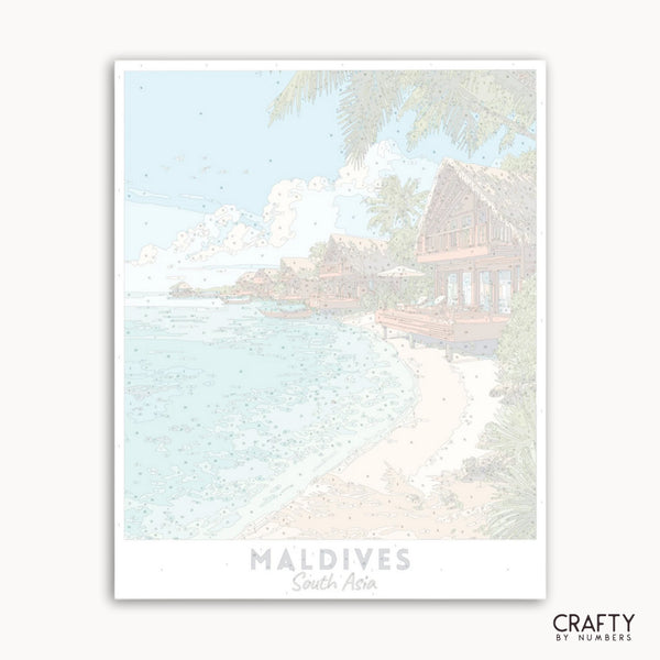 Poster of a tropical beach scene with a hut and palm trees, labeled 'Maldives South Ari'.