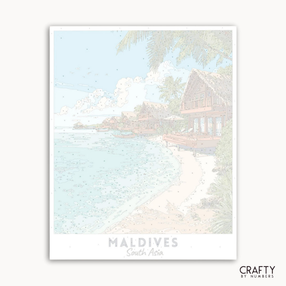 Poster einer tropischen Strandszene mit einer Hütte und Palmen, beschriftet mit „Maldives South Ari“.